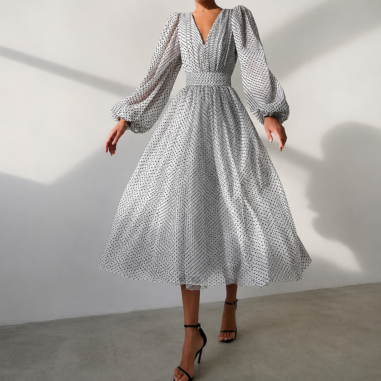 Emina - Stylish Long Sleeve V-Neck Dress